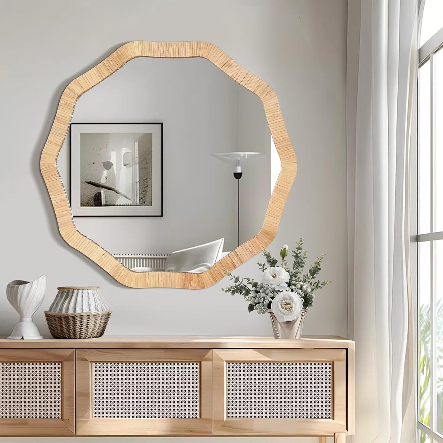 ULIKE Rattan Mirror for Wall, Bathroom 30 Inch Rustic Farmhouse Wall Decor with Handmade Wicker Frame, Boho Woven Mirror for Nursery Bedroom Living Room Entryway