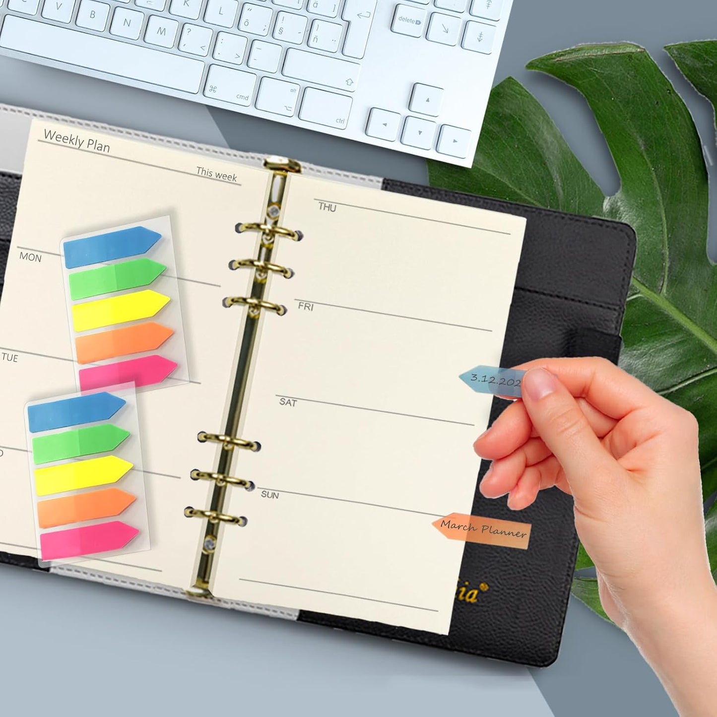 Harphia A6 6 Holes Binder Refill Set, 90Sheets Weekly Planner Insert, 5 Sheets Divider Paper, Today ruler With Inch, Translucent Zipper Bag, Pvc Card Bag, 200Pcs Colorful Index Stickers 005Da6Week
