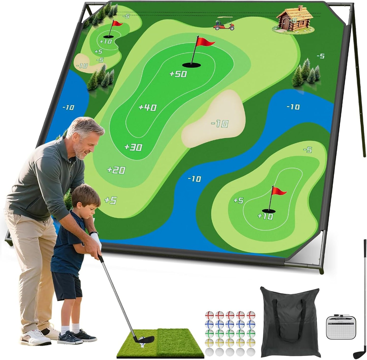DoCred Battle Royale Golf Chipping Game with 80”x80” Large Chipping Mat, 2 Golf Clubs, 25 Sticky Balls, Outdoor Indoor Sports Training Toy Gift for Adults, Family Yard Target Game