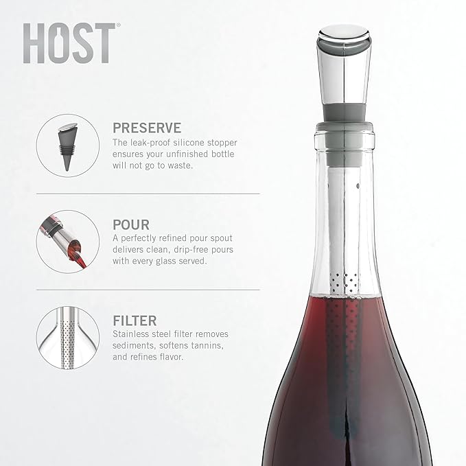 Host Wine Filter Pour Spout with Stopper, Stainless Steel Wine Purifier to Remove Histamines, Sulfite and Soften Tannins, Includes Stopper with Silicone Seal, Set of 1