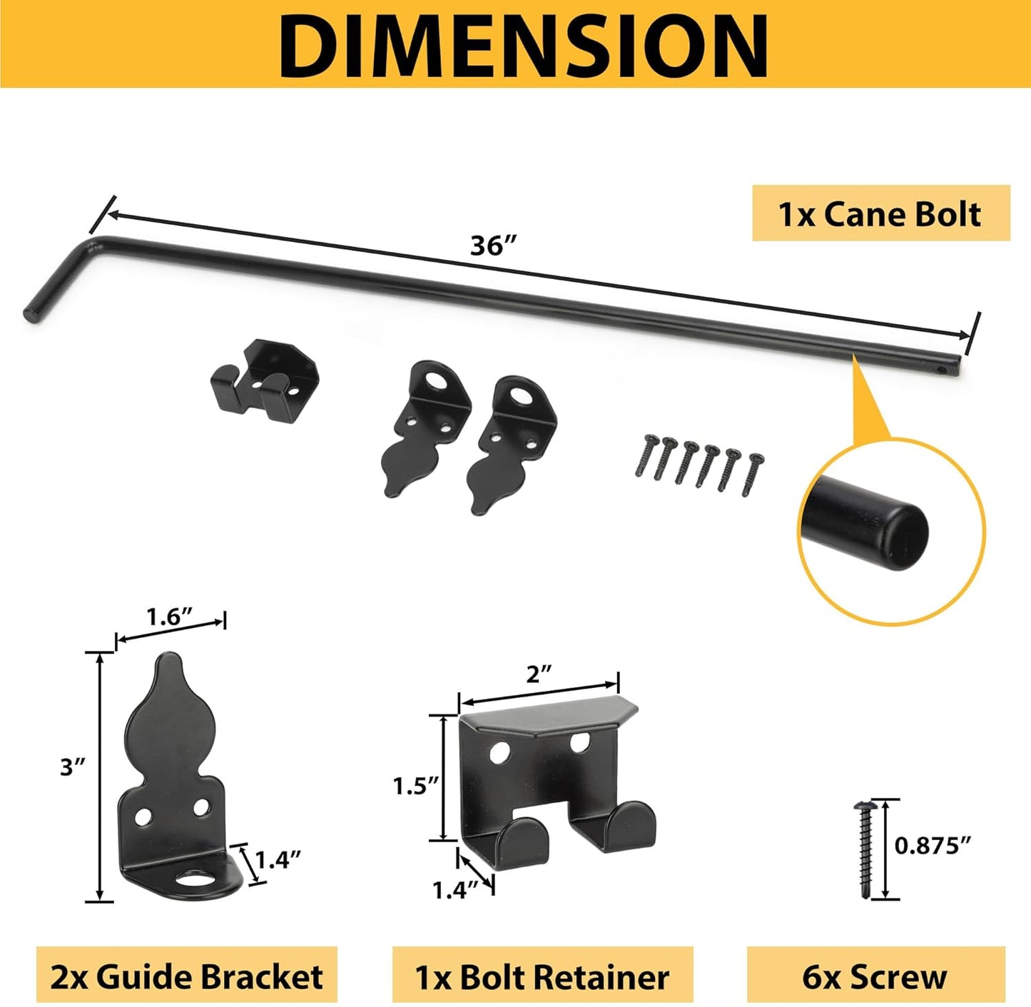 36" Heavy Duty Cane Bolts for Gates with Black Rustproof Powder Upgraded Hardware Gate Drop Rod for Wood PVC Vinyl Fences Gates, Double Doors-1 Pack