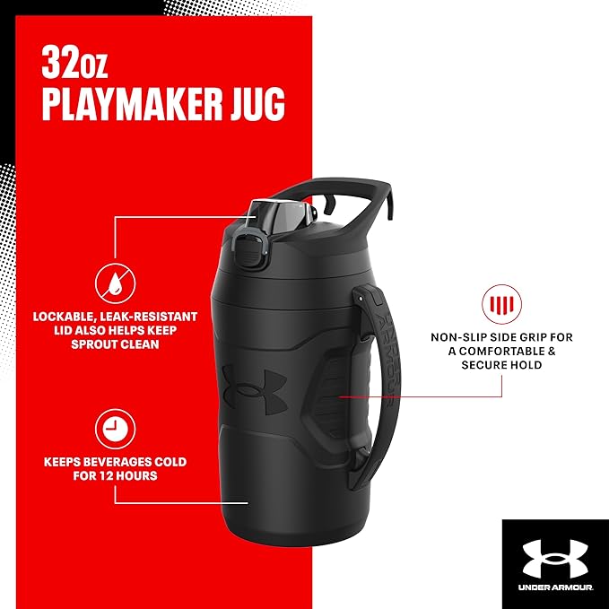 Under Armour 32 oz Insulated Water Bottles - Sports Water Jug with Fence Hook, Leak Resistant for Baseball, Football & More, 32 oz Insulated, Hi Vis Yellow/Black
