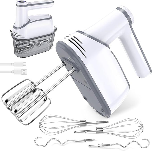 Cordless Hand Mixer, 12-Speed Rechargeable Electric Handheld Mixer with 6 x 304 Stainless Steel Attachments (2 Whisks, 2 Beaters, 2 Dough Hooks) & Storage Case, for Baking, Eggs, Cakes (White)