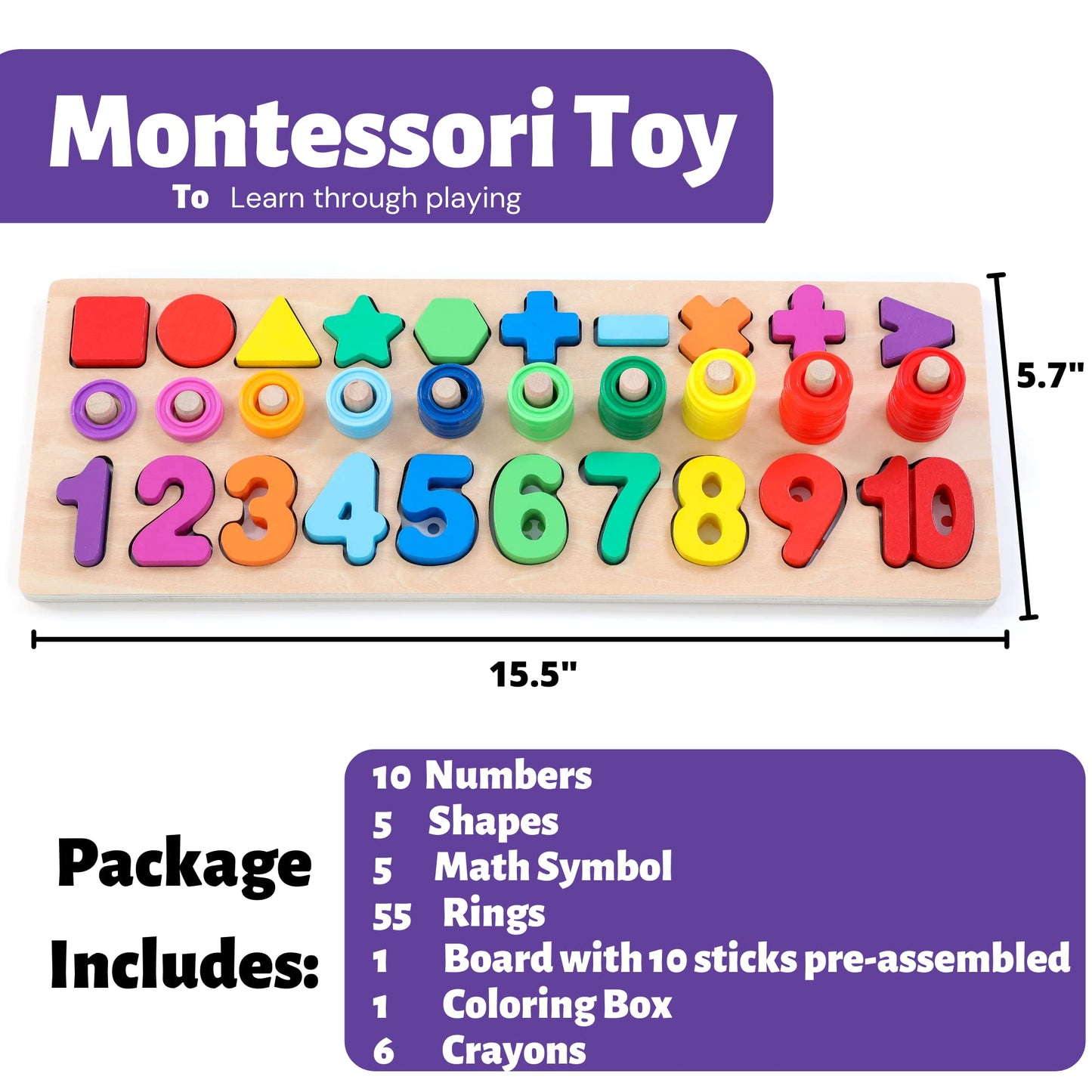 BEKILOLE Wooden Montessori Toys for Kids Toddler Number Puzzles Sorter Counting Shape Stacker Stacking Game Preschool Toys for Boy Girl Learning Education Math Blocks Year Old Girl Gifts (Rainbow)