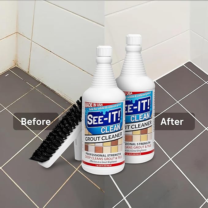 Grout & Tile Deep Cleaner Brightener & Heavy-Duty Stain Remover Acid-Free Safe for Ceramic, Porcelain, Marble, Stone - Two 32 fl. oz. Bottles with Floor Cleaning Brush