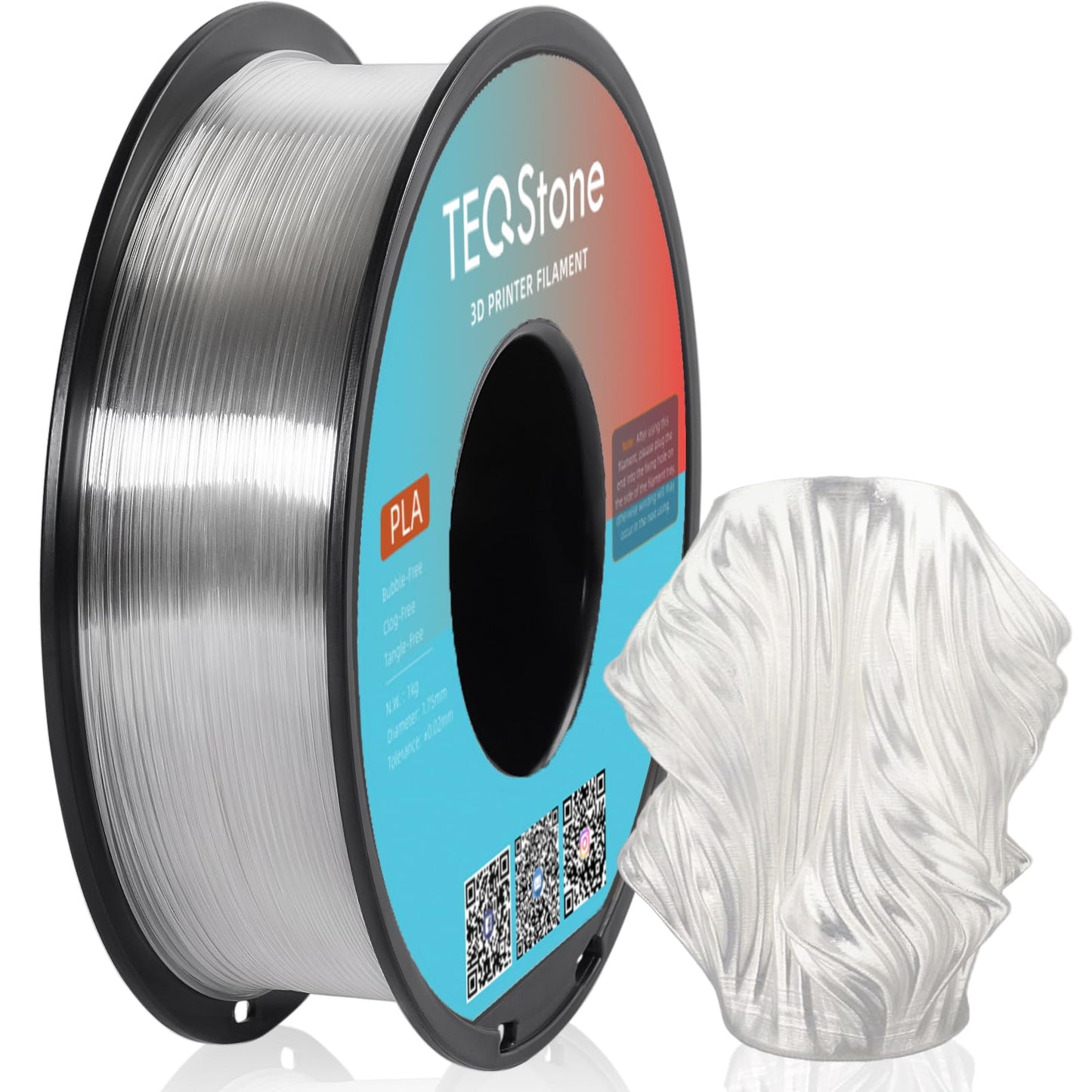 TEQStone PLA Filament 1.75mm Clear 1KG Perfectly Wound Accuracy +/-0.02mm Transparent PLA Basic 3D Printer Filament