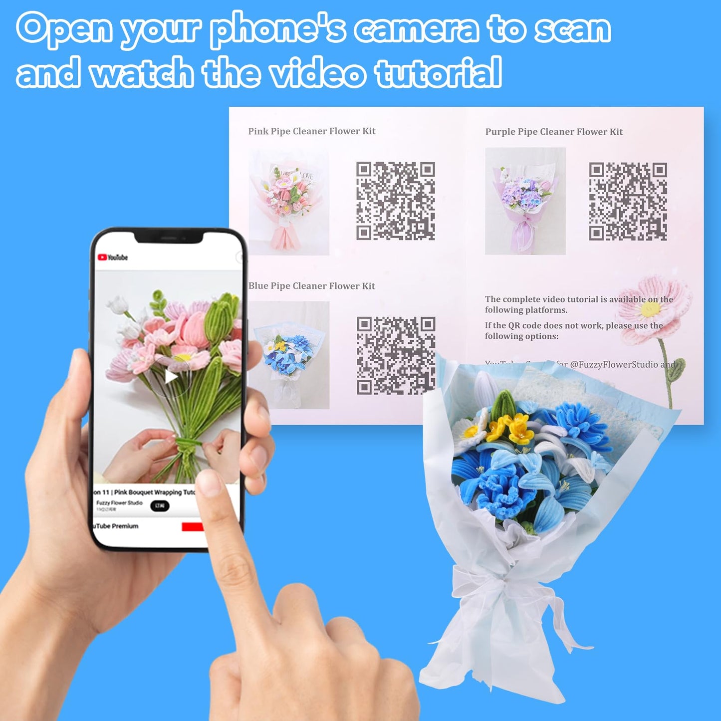 WSICSE 500Pcs Blue Pipe Cleaner Flower Kit, Pipe Cleaners Bulk Chenille Stems with Floral Wires, Gardening Tape,Stamen& Ribbon, Wrapping Paper (5 Colors)