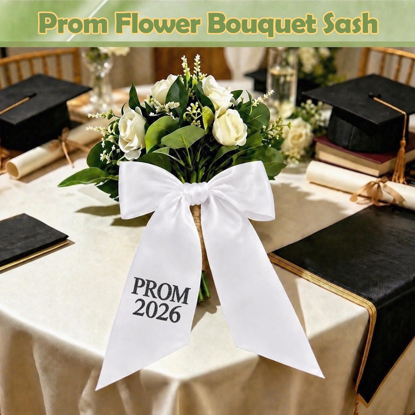 2 Pieces Prom Bouquet Sash Bouquet Ribbon 4 x 52 Inch Satin Plain White Flower Bouquet Sash with Letters for Prom 2026 Graduation Party Supplies (Black)