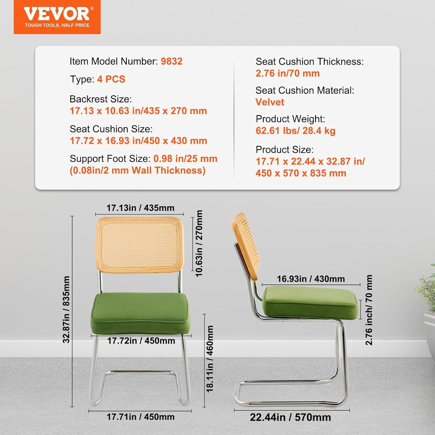 VEVOR Rattan Dining Chairs Set of 4, Mid Century Modern Dining Chair, Upholstered Velvet Accent Chair with Rattan Back, Retro Dining Room Kitchen Chair for Living Room, Bedroom (18.1 Inch)