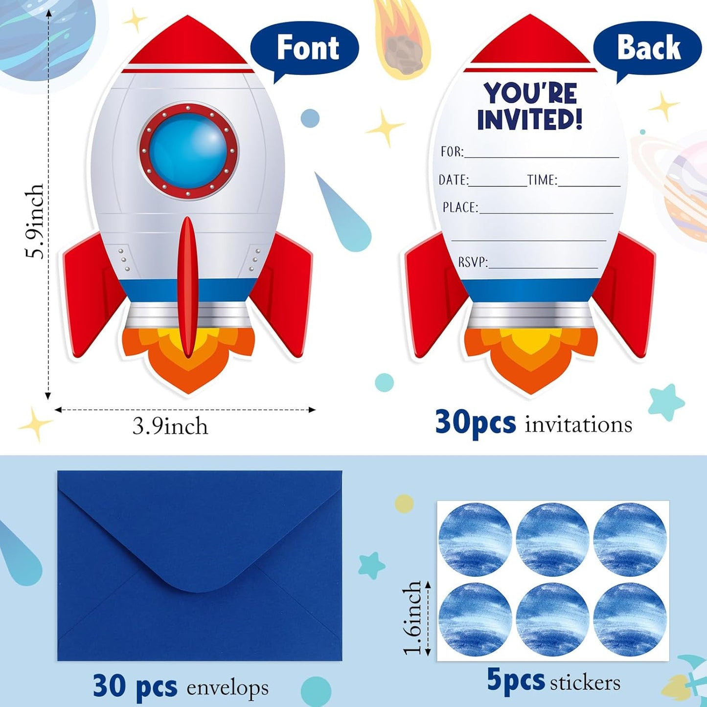30 Sets Rocket Space Christmas Birthday Invitations with Envelopes Stickers Galactic Planet Themed Invitations for Boy Kids Birthday Party Supplies Decoration
