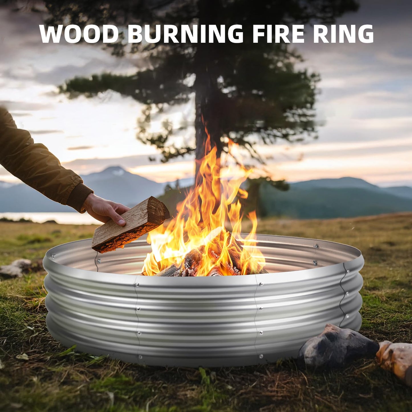48 Inch Fire Pit Ring for Outside, 4FT Diameter Wood Burning Fire Ring, Large Round Galvanized Steel Fire Pit, Metal Outdoor Fireplace for Backyard, Patio, Camping, Bonfire (Silver)