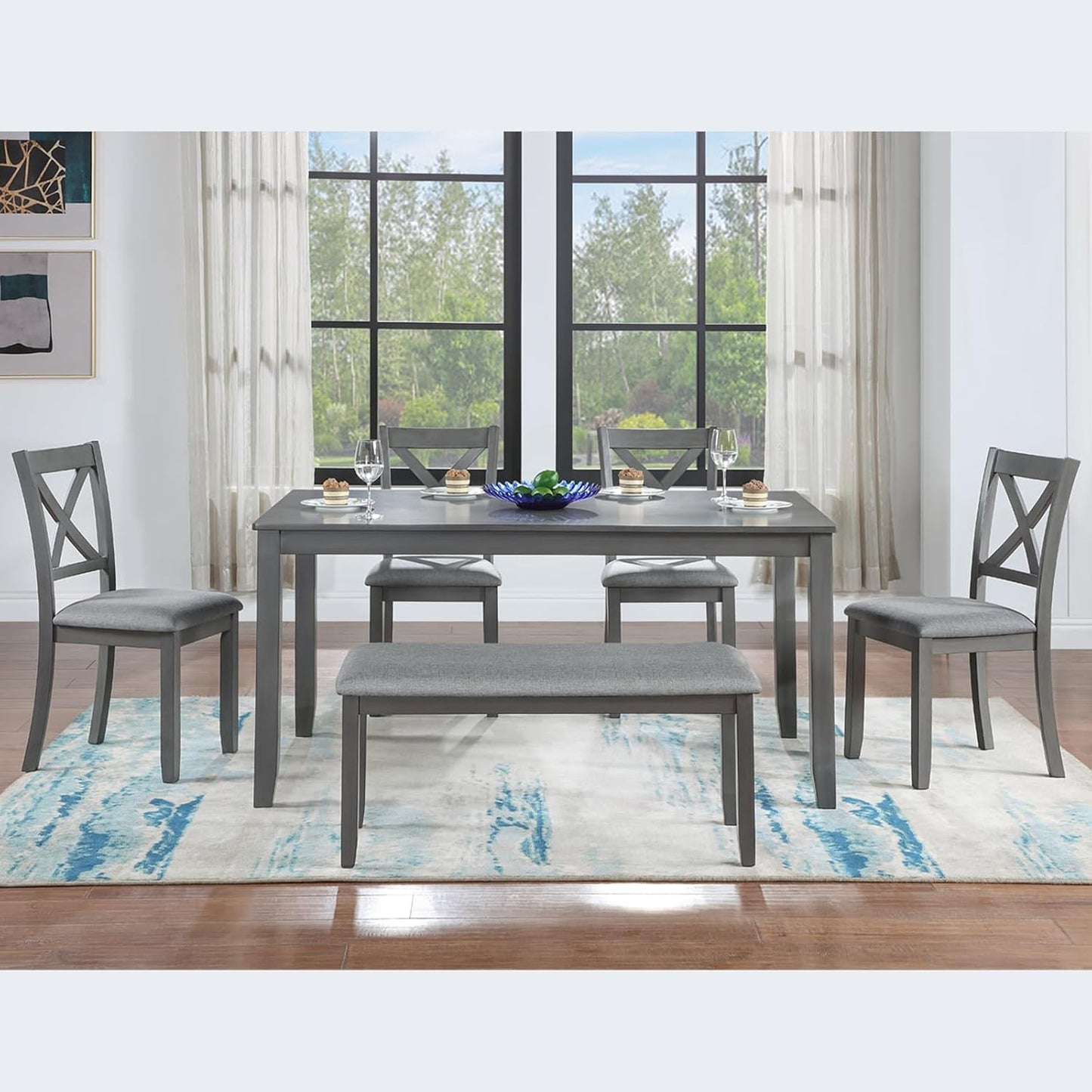 KEIKI 6-Piece Standard Height Dining Table Set with Rectangular Table, 4 Upholstered X-Shaped Backrset Chair, Bench, for 6 Person, Modern Style Table Set, Easy Assembly, for Kitchen, Dining Room, Gray