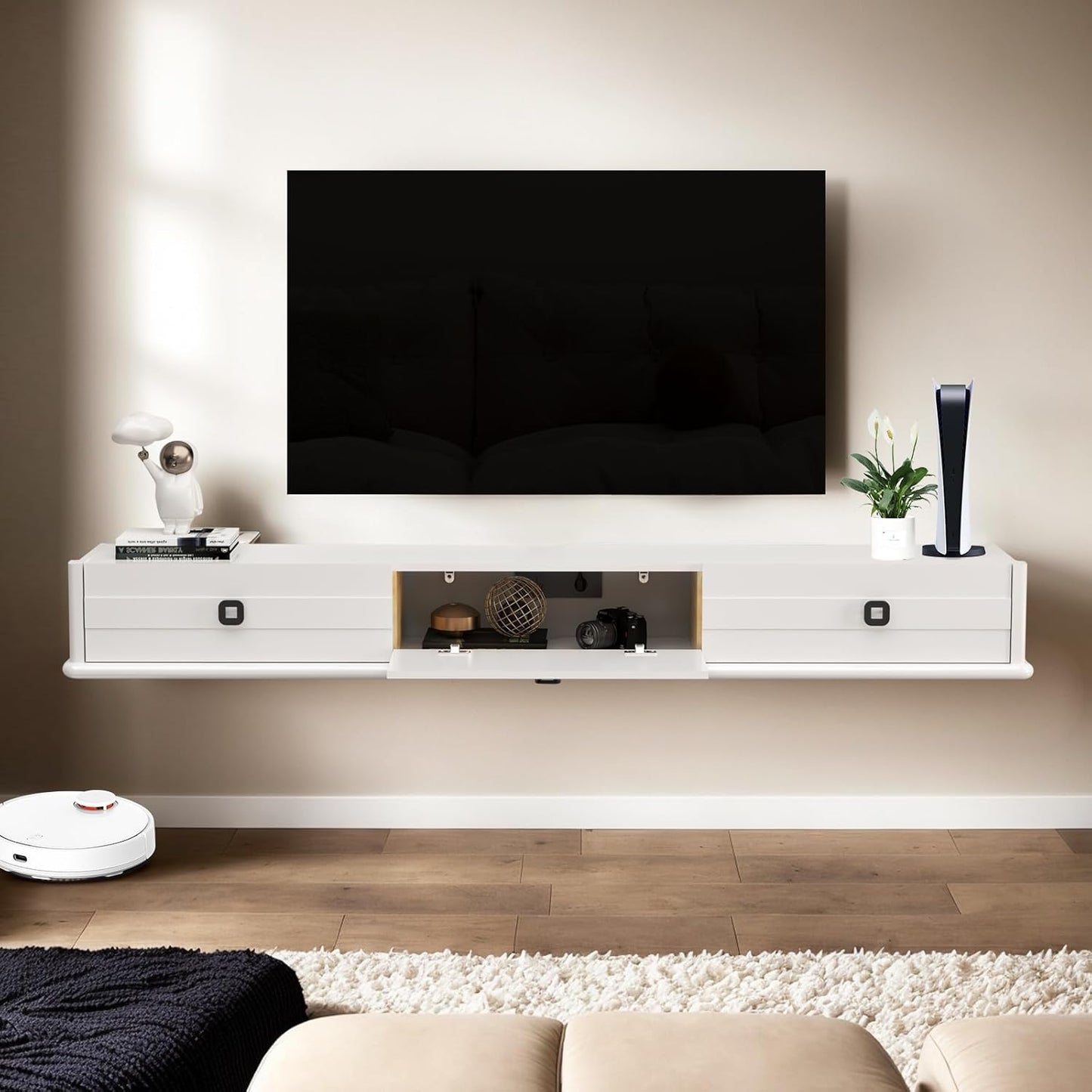 Pmnianhua High Gross Floating TV Stand,74″ Solid Wood Wall Mounted TV Console,Floating Entertainment Center with Door and 2 Drawers,Under TV Shelf for TVs up to 85''(White)