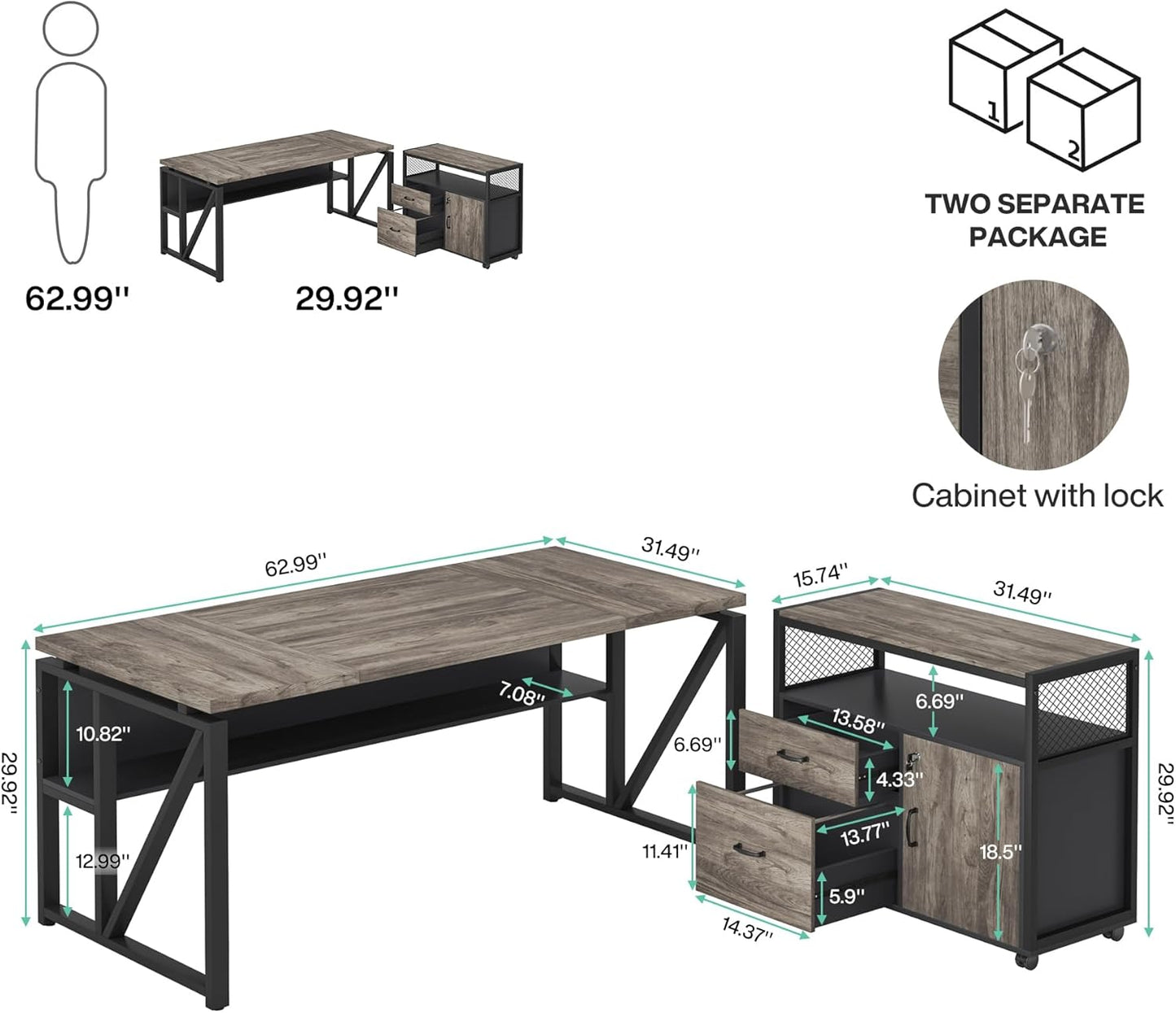 Tribesigns Office Compute rDesk with Drawers Sets, 63 inches L Shaped Executive Desk with Mobile File Cabinet for Home Office Furniture Sets (Dark Oak, 63-inch)