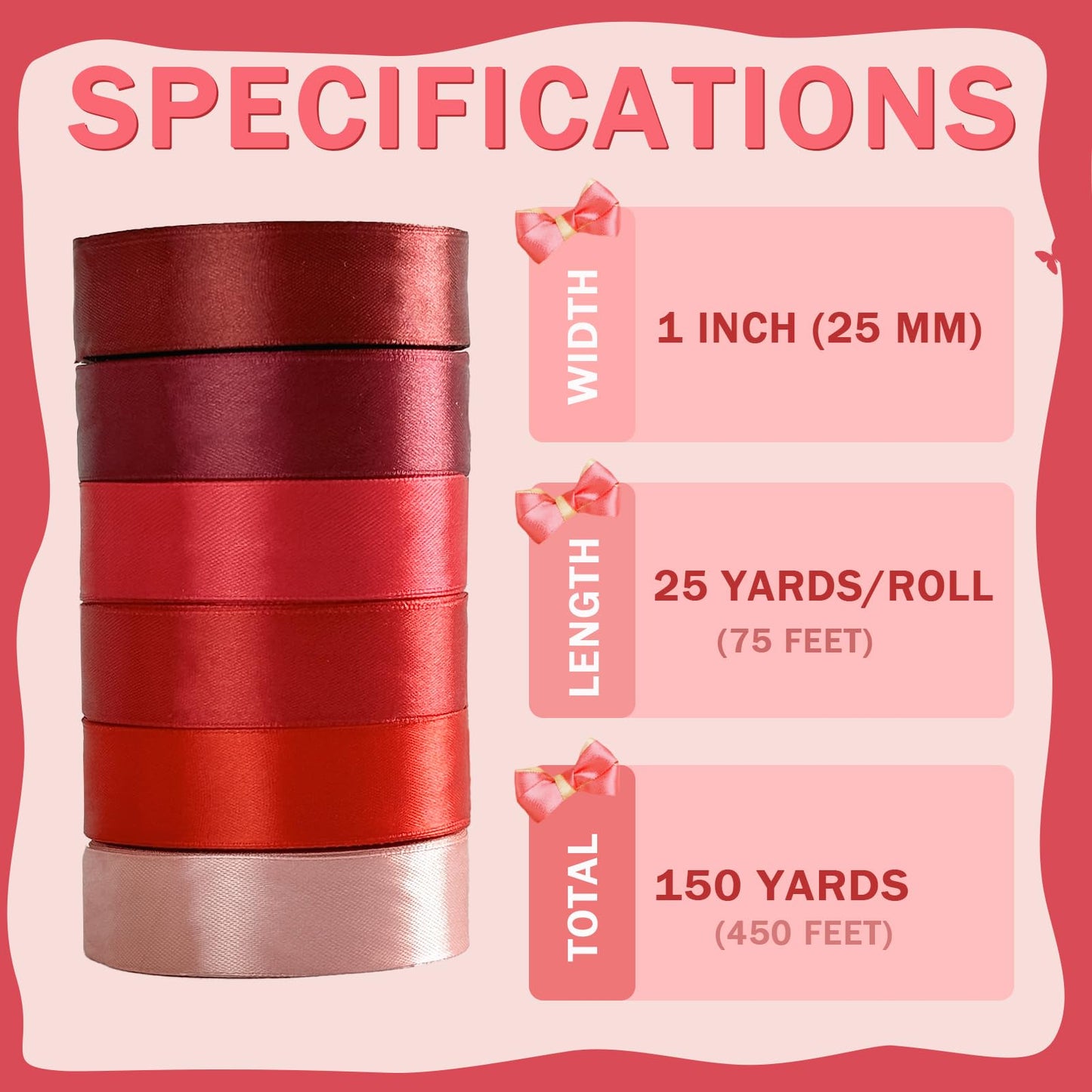 PURREITTI 150 Yards Red Satin Ribbon 1 Inch 6 Rolls Assortment Ribbons for Crafts Gift Wrapping Flower Bouquet Wedding Invitations Birthday Party Festival Decoration Hair Bows