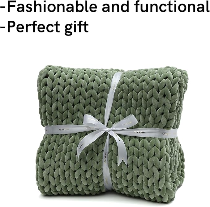 YnM Velvet Knitted Weighted Blanket, Hand Made Chunky Knit Weighted Throw for Sleep, Stress or Home Décor, Rest and Relax in Style Weighted Blankets (Avocado Green, 50''x60'' 10lbs)
