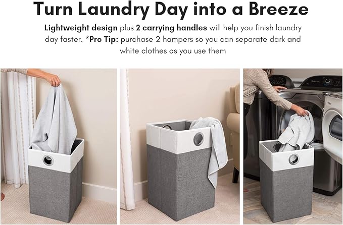BIRDROCK HOME Folding Cloth Laundry Hamper with Handles - Dirty Clothes Sorter - Easy Storage - Collapsible - Grey and White