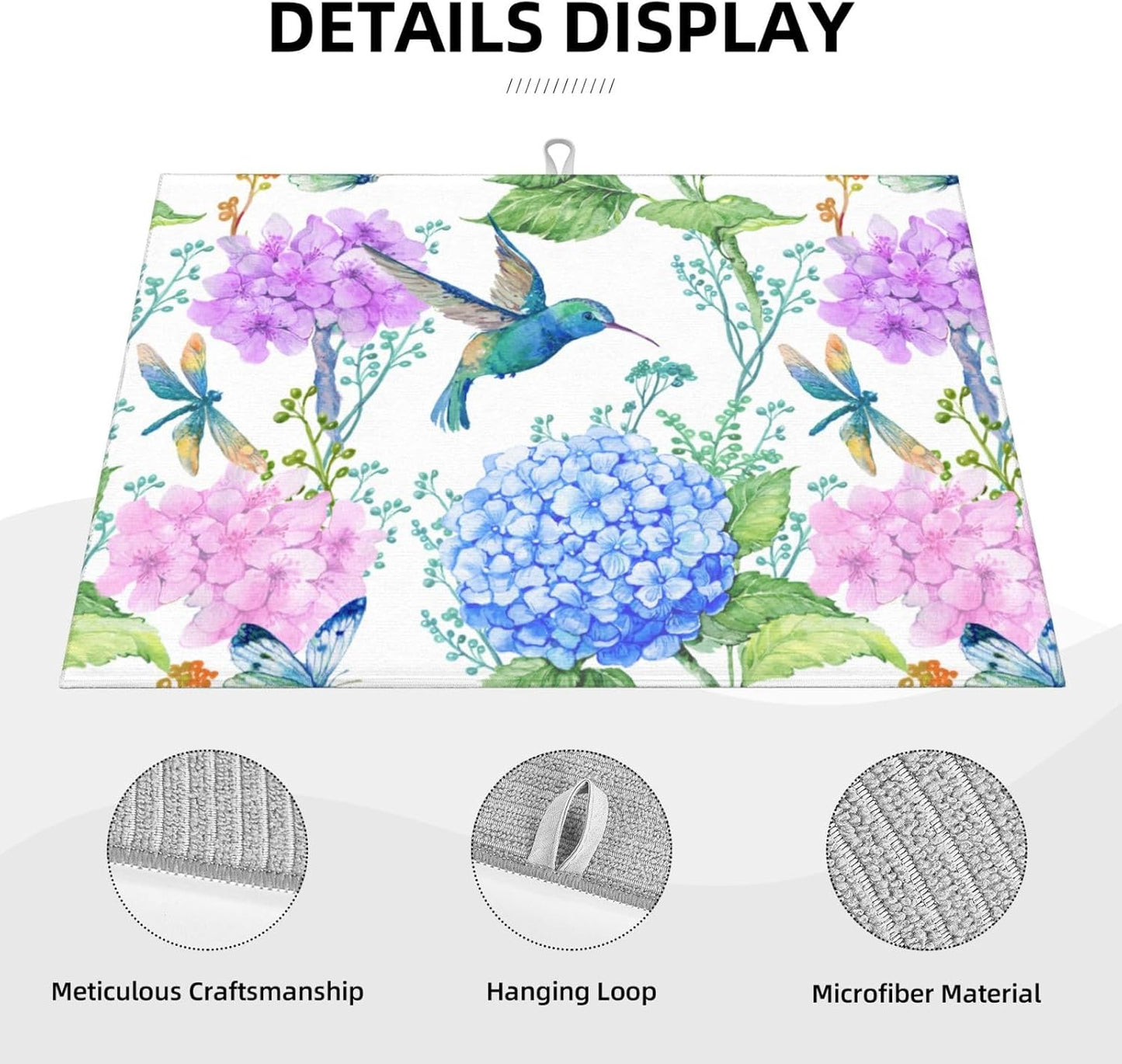Dish Drying Mat Spring Hummingbird Flower Hydrangea for Kitchen Counter Absorbent Dishes Drainer Microfiber Large 18x24 Inch