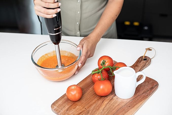 OVENTE Immersion Hand Blender Set, 300W Corded Electric Handheld Stick Mixer, 2 Mixing Speeds with Stainless Steel Blades, Egg Whisk, Beaker & BPA-Free Food Chopper, Black HS565B