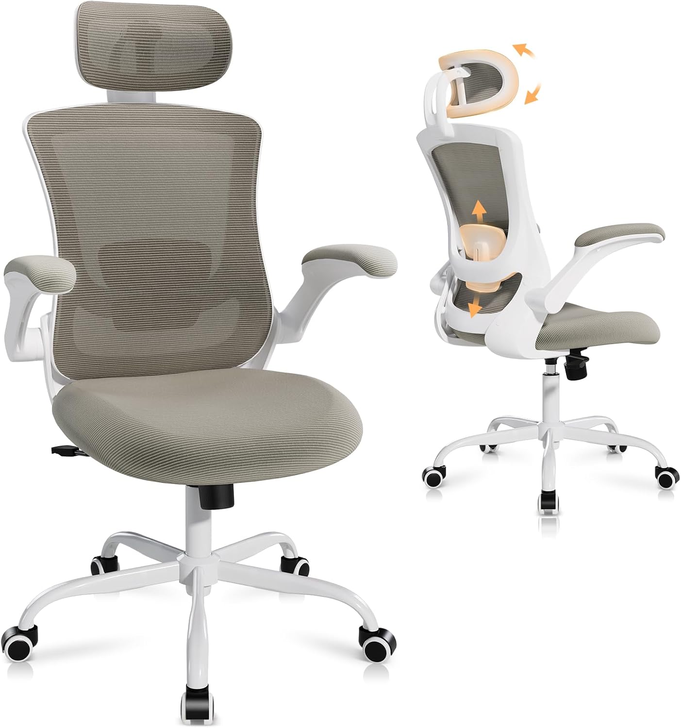 Ergonomic Office Chair with Adjustable Lumbar Support & Headrest, High Back Mesh Desk Chair with Flip-Up Armrests, Breathable & Comfortable Computer Chair for Home, Office & Study –Khaki