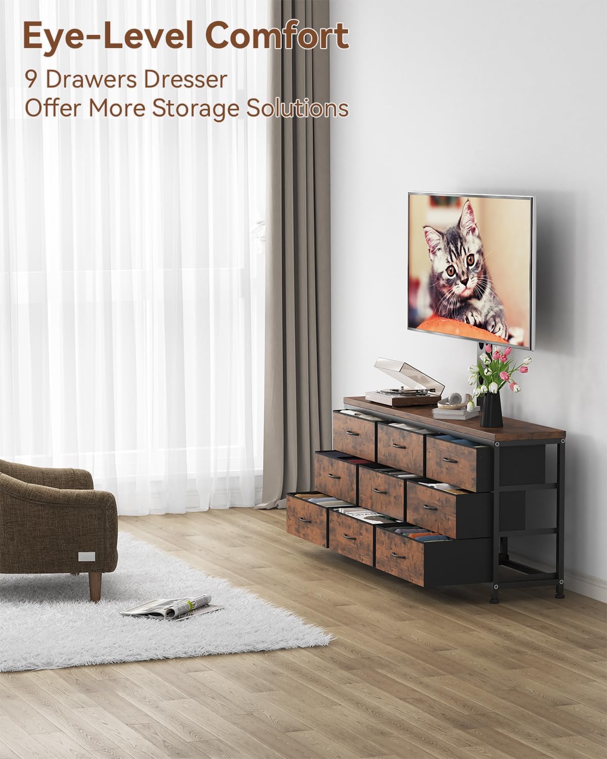 TV Stand with Mount for 32/55/65/75/85 inch TVs, Entertainment Center with 9 Fabric Drawers Dresser Storage, Height Adjustable Media Console