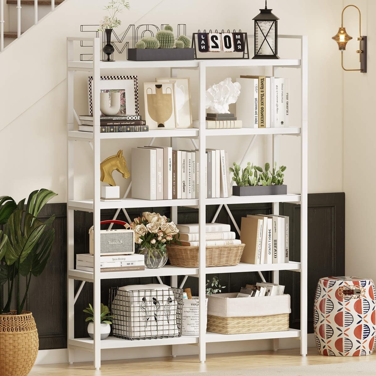 FATORRI Bookshelves and Bookcases, 5 Tier Tall Wood Metal Bookshelf, 51in Wide Bookcase Modern Shelving Unite for Home Office, Living Room, Bedroom (White Oak)