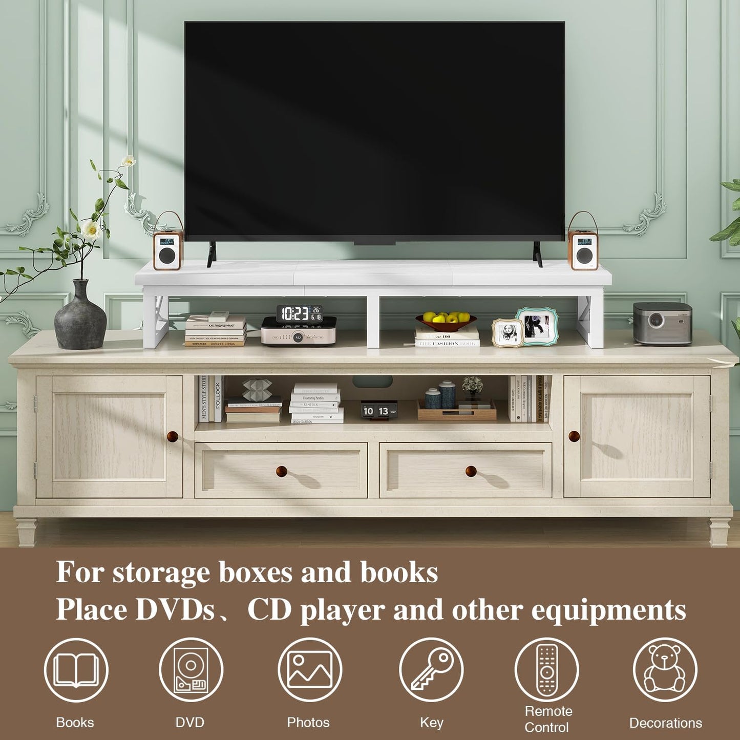 IBUYKE 45" Large TV Riser for 32-60 inch TV,Tabletop Short TV Stand with Storage and Steel Legs,TV Riser Stand for Home,Bedroom,Living Room,White TVT002W