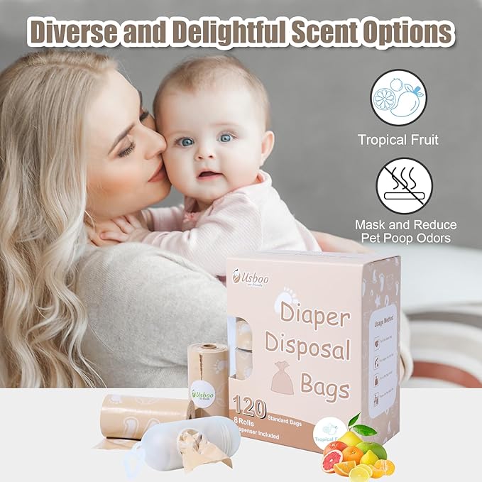Diaper Bags Disposable for Baby, Biodegradeable Dirty Diaper Bags (8 Refill Rolls/120 Bags) with Dispenser, Leak Proof Diaper Trash Bags, Baby Poop Bags, Tropical Fruit Scent