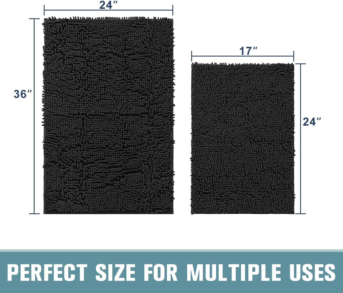 SONORO KATE Bathroom Rug,Non-Slip Bath Mat,Soft Cozy Shaggy Thick Bath Rugs for Bathroom,Plush Rugs for Bathtubs,Water Absorbent Rain Showers and Under The Sink (Black, 36" x 24" Plus 17" x 24")