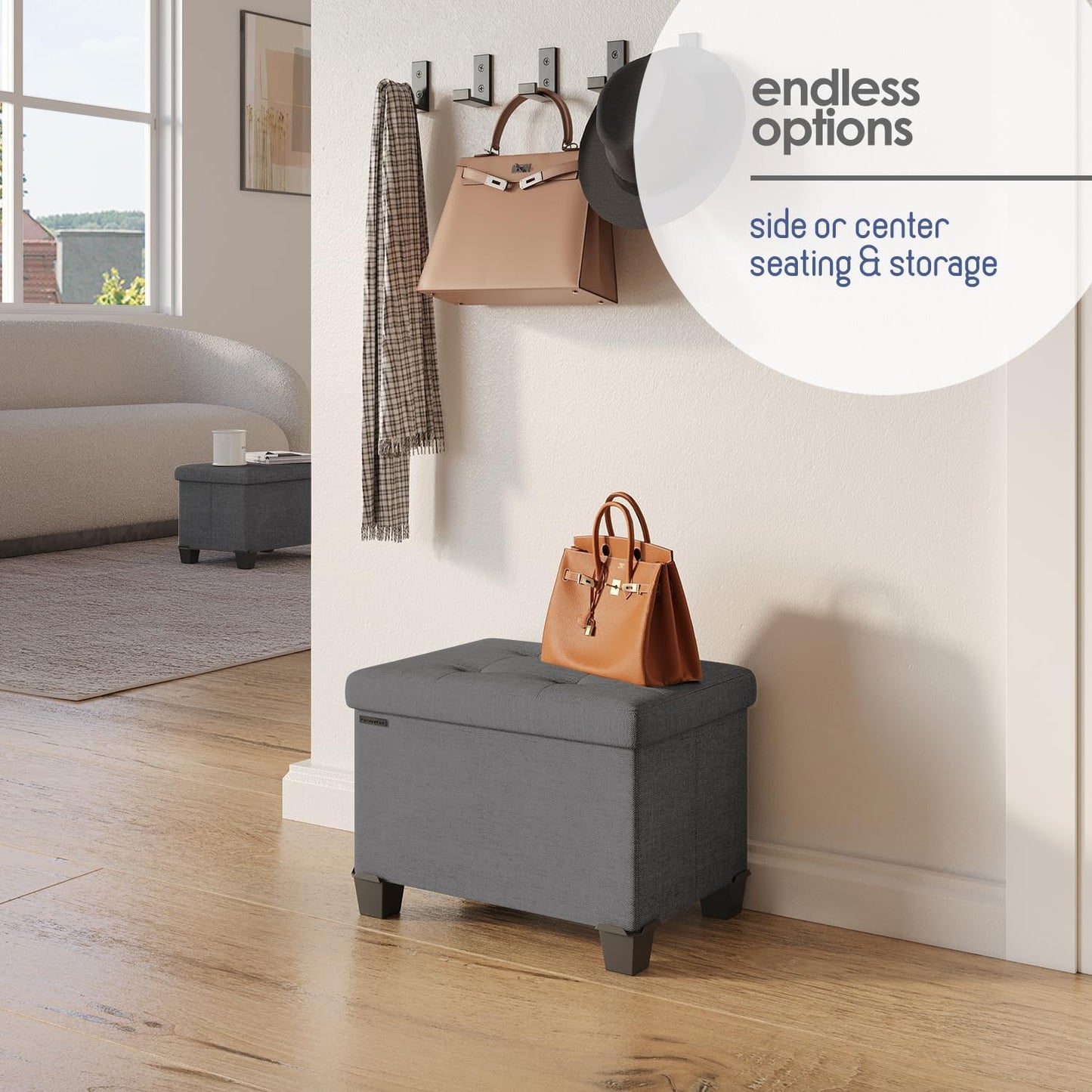 STORAGEBUD Storage Ottoman Cube with Small Bin, 16-in Square Ottoman with Storage for Living Room and Bedroom, Small Ottomans Foot Rest, Fabric Foot Stools Ottomans Max 330lbs, Grey
