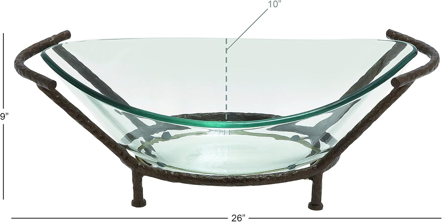 Deco 79 Tempered Glass Kitchen Serving Bowl with Brown Metal Base, 26" x 10" x 9", Clear