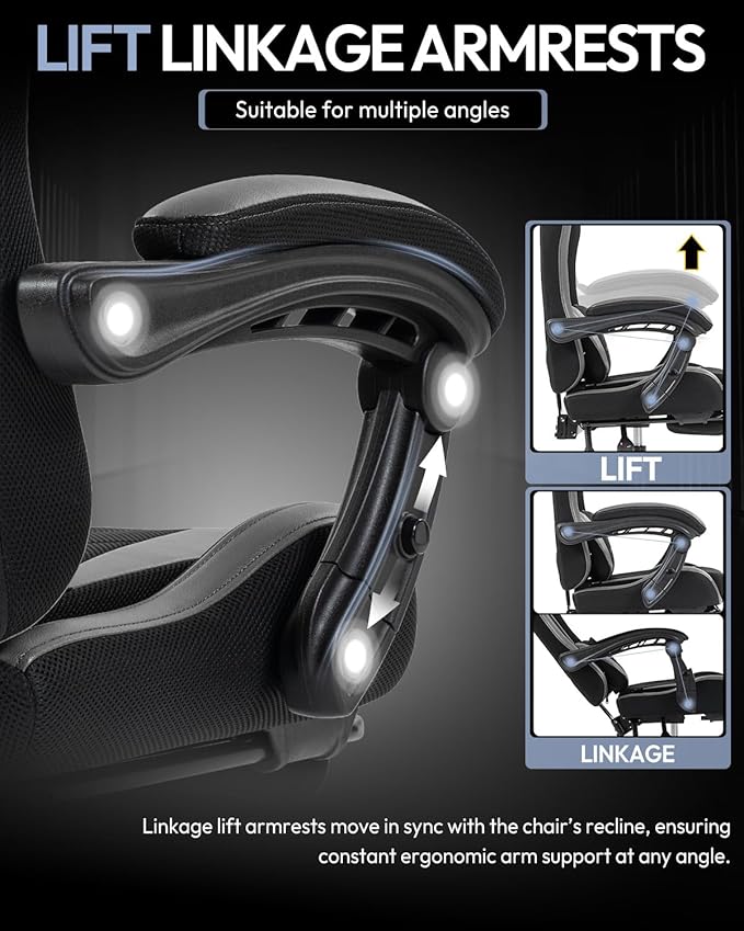 Gaming Chair with Footrest, Ergonomic 330lbs Leather Mesh Chair, Massage Lumbar Support, Adjustable Height & Headrest Pillow, Breathable Seat for Office, Home, Streaming, Long Gaming Sessions, Onyx