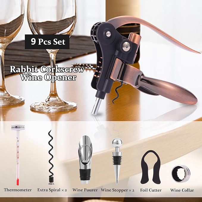 Rabbit Wine Opener Set with Wooden Case – 9 Piece Kit Includes Rabbit Corkscrew, Foil Cutter, Wine Pourer, Bottle Stopper, Easy Cork Removal, Great Gift for Wine Lovers, Bronze