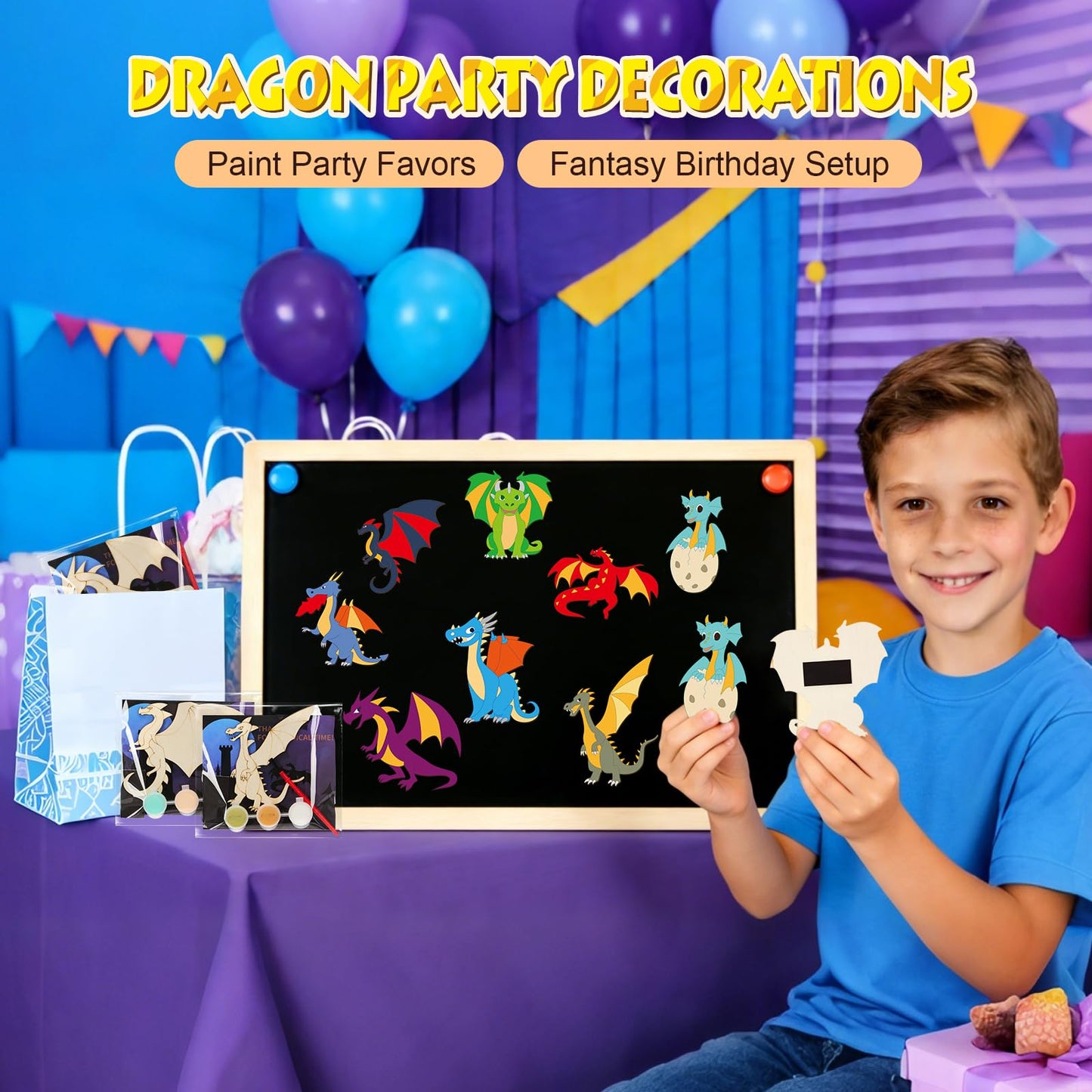 Dragon Party Favor Craft Kits - 24 Set Paint Your Own Wooden Dragon Magnet Painting Set with Thank You Cards, Birthday Decorations for Fantasy Parties, Goodie Bag Stuffers & Classroom Activities