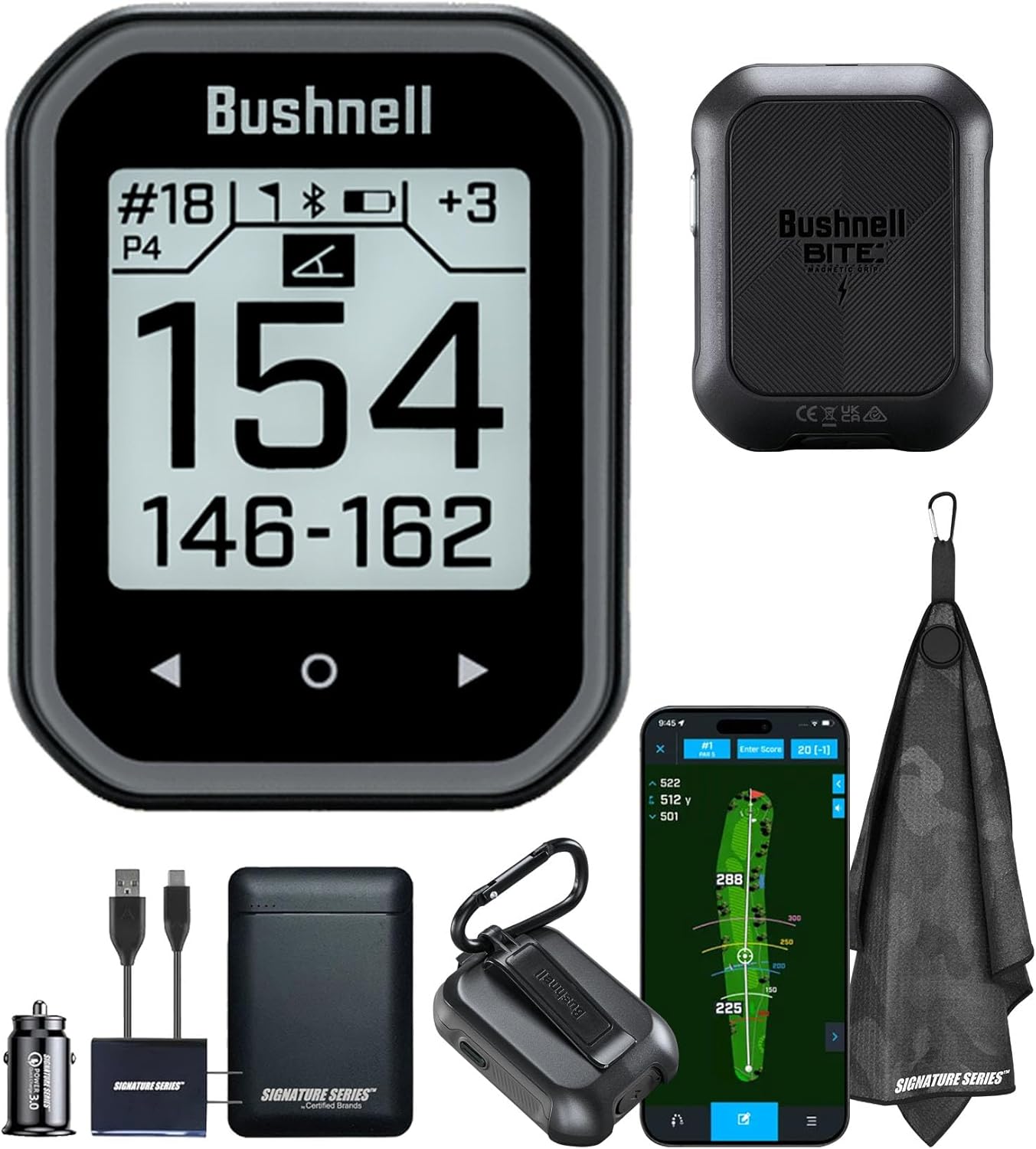 Bushnell Golf Phantom 3 Slope GPS Handlheld (Black) | 38,000+ Courses, Slope Compensation, Hazard Info, Distance Calculator, Scorekeeping, Magnet Mount, Touchscreen | Signature Series Power Bundle