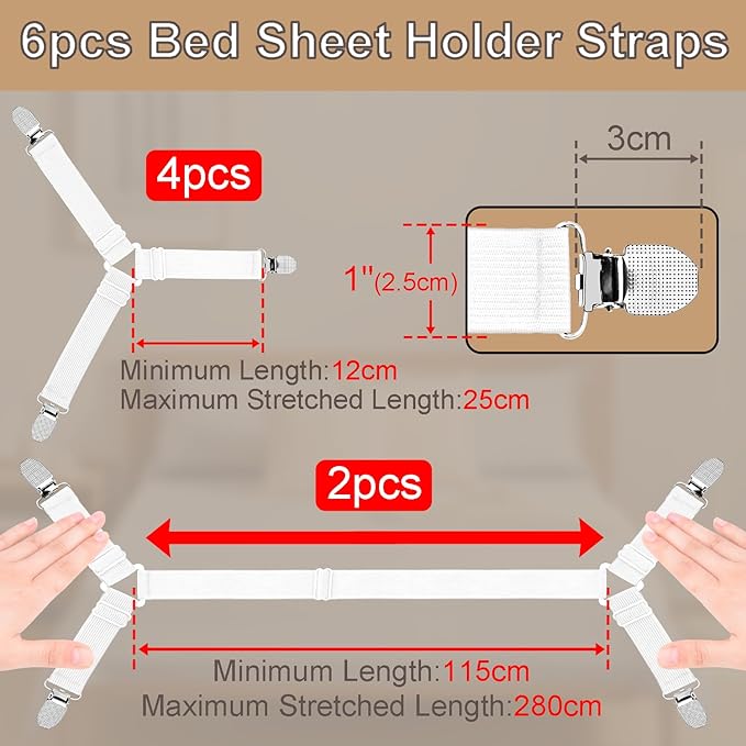 6pcs Bed Sheet Straps, Adjustable Non Slip White Elastic Triangle Bed Suspenders, Keep in Place Fitted Sheet Straps Holder for Mattress Covers, Sofa Cushion