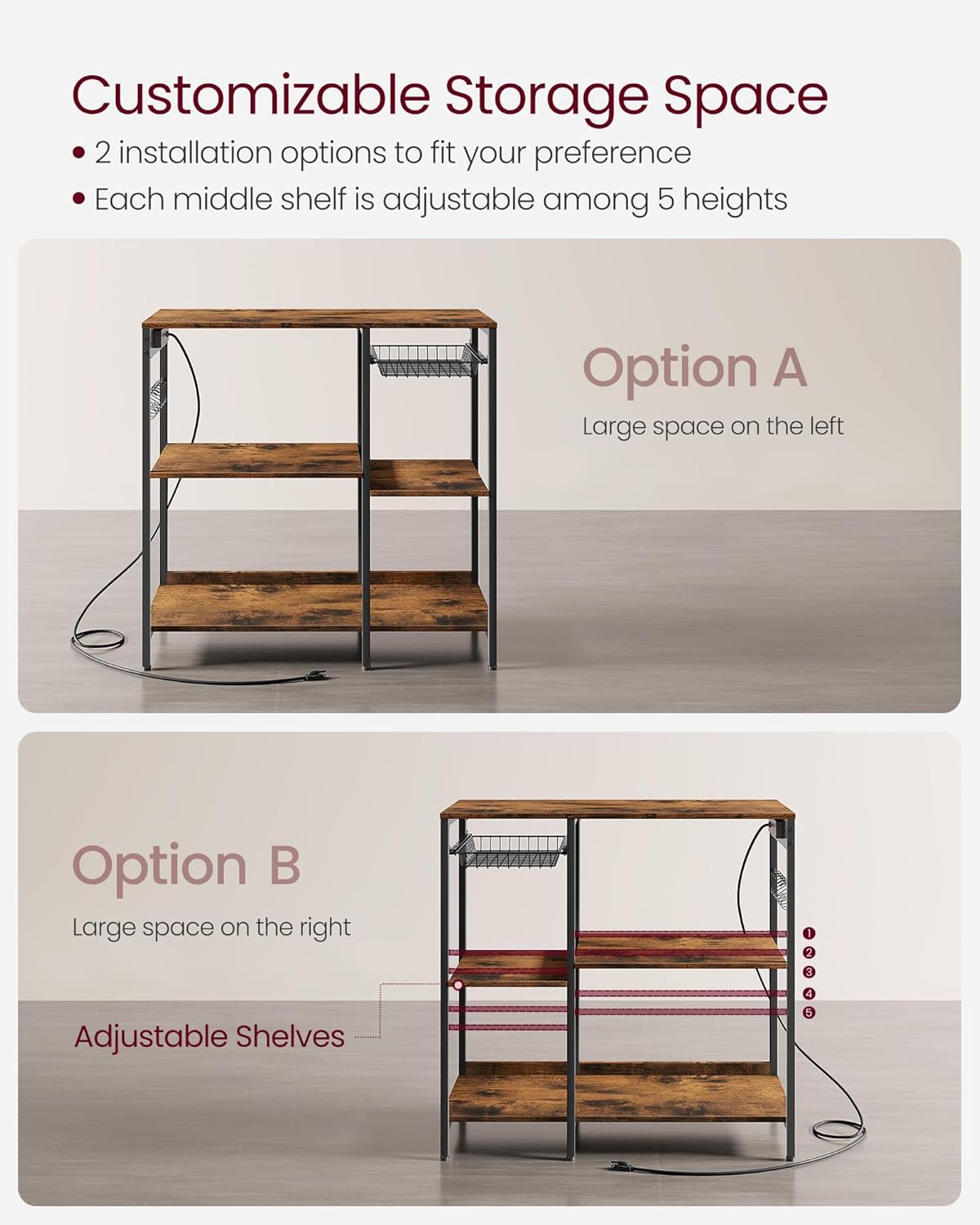 VASAGLE Baker's Rack, Coffee Bar Stand with Charging Station, Storage Shelves, Pull-Out Wire Basket, Table for Microwave, Kitchen, Rustic Brown UKKS036K01, 15.7 x 35.4 x 35.6 Inches
