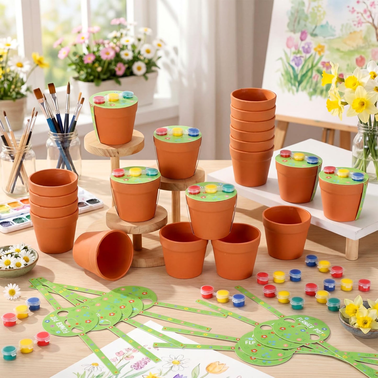 Ferrochef 30 Set Paintable Flower Pot with Drainage Craft Kit DIY Flower Plant Crafts with Paint Flowerpot Lid for Spring Summer Gardening Art Project Classroom Party Activities