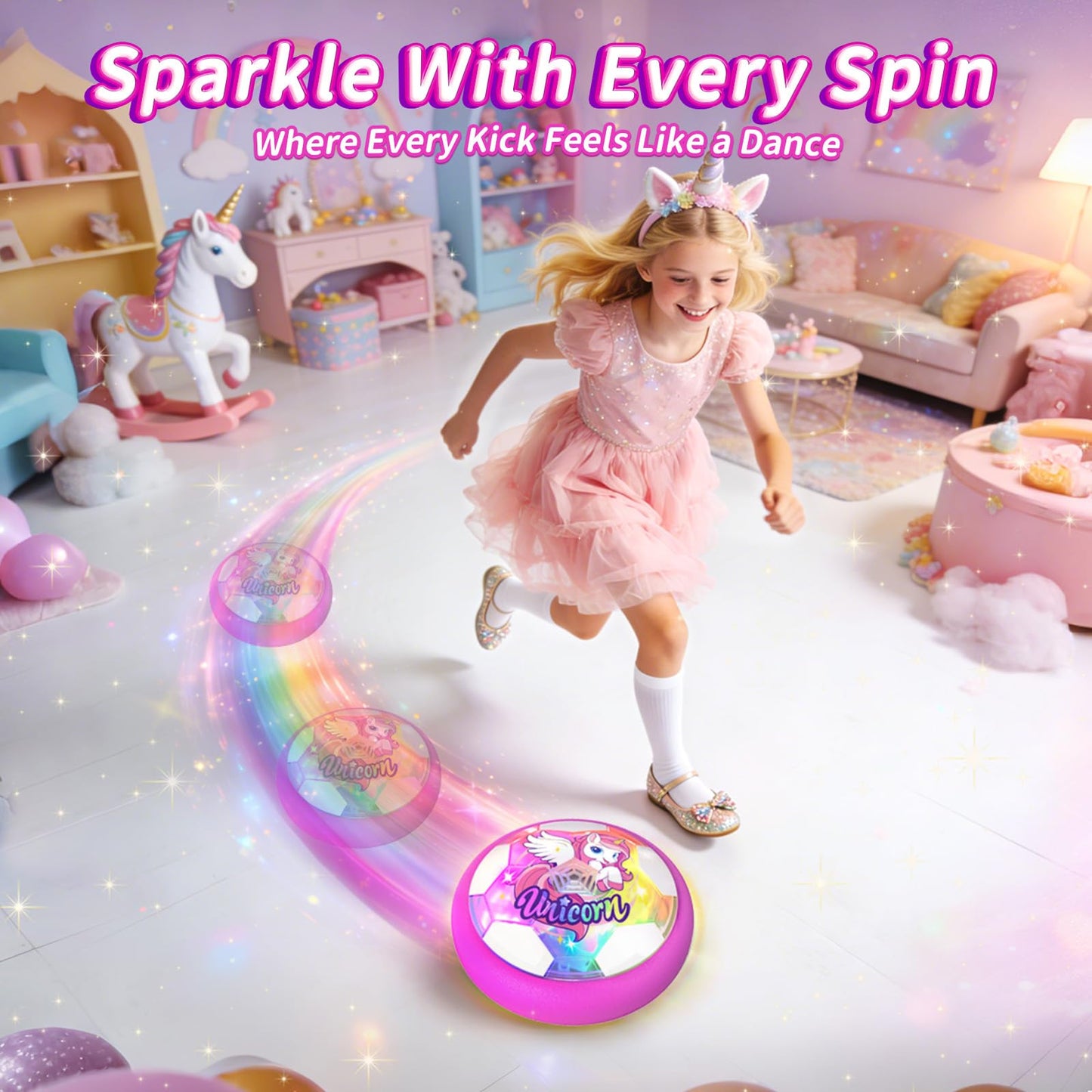 Tqeieu Unicorn Hover Soccer Ball for Girls, Light Up Air Floating Toys for Girls Age 3 4 5 6 7 8 9 10 11 12, Indoor Toy Birthday Gifts, Kids Games with LED Lights Foam Bumper, Kids Stocking Stuffers