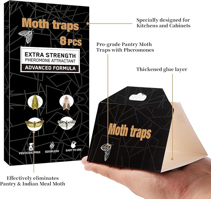 Upgraded Moth Traps, 8Pack Double Potent Pantry & Clothes Traps with Pheromones Prime, No Toxic & Odorless Meal Moth Trap, Organic Sticky Moths Balls Repellent with Lure for Closet, Kitchens