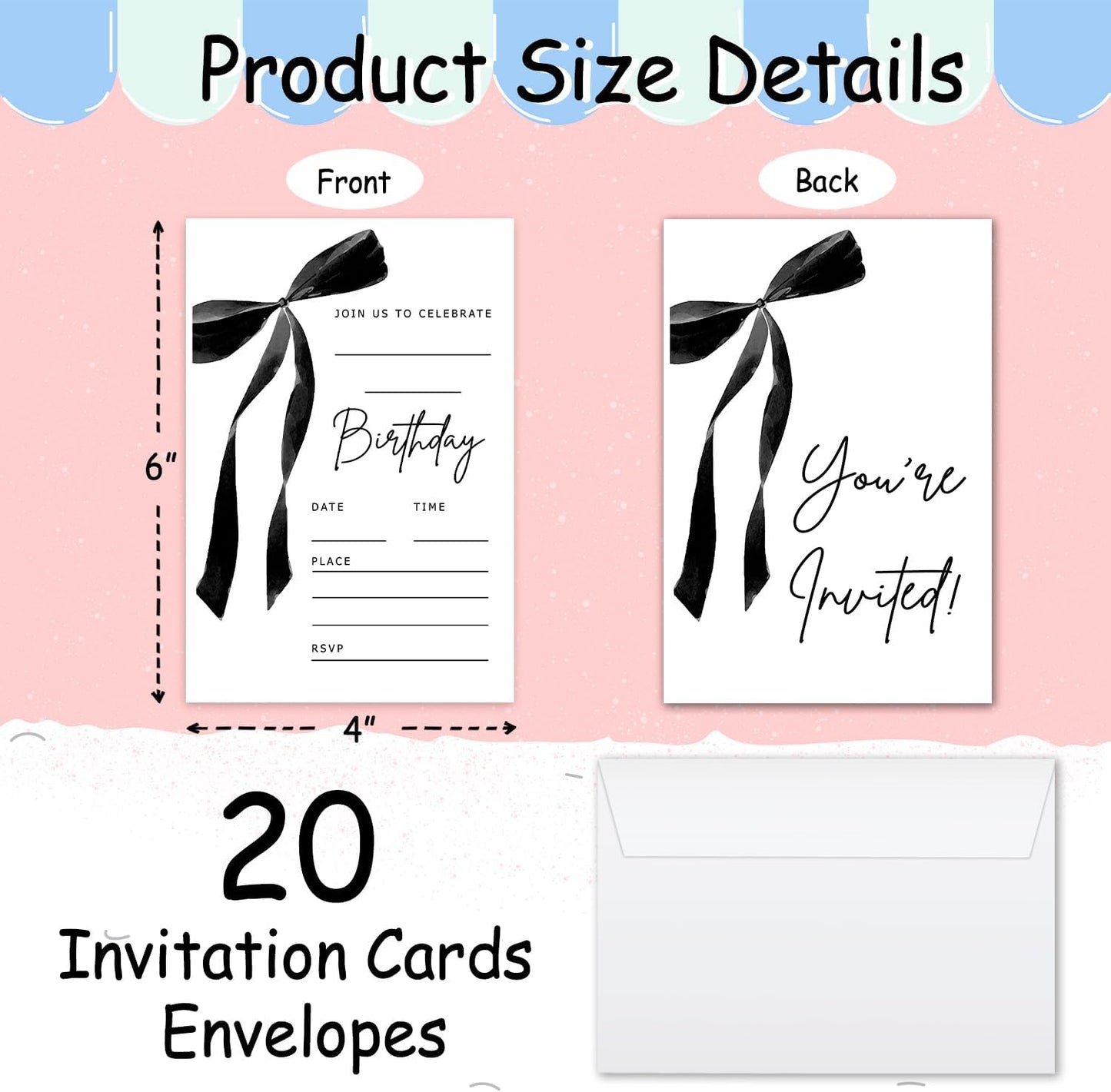 Black Bow Birthday Invitations, Cute Bow Party Invitations, 20 Double-Sided Fill In Invitation with Envelopes for Girls Women, Birthday Party Decorations Favor