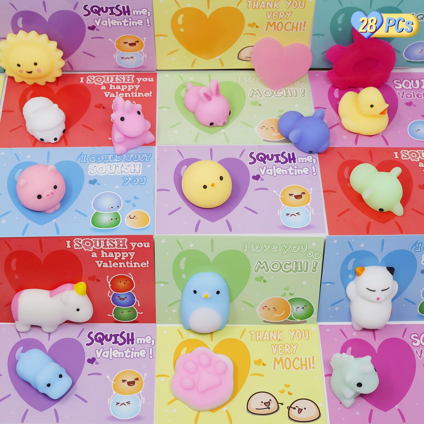 28 Pack Valentine’s Day Cards with Mochi Squishy Toys for Kids, Cute Kawaii Squishies School Classroom Valentine Exchange Set, Valentines Party Favors and Greeting Cards