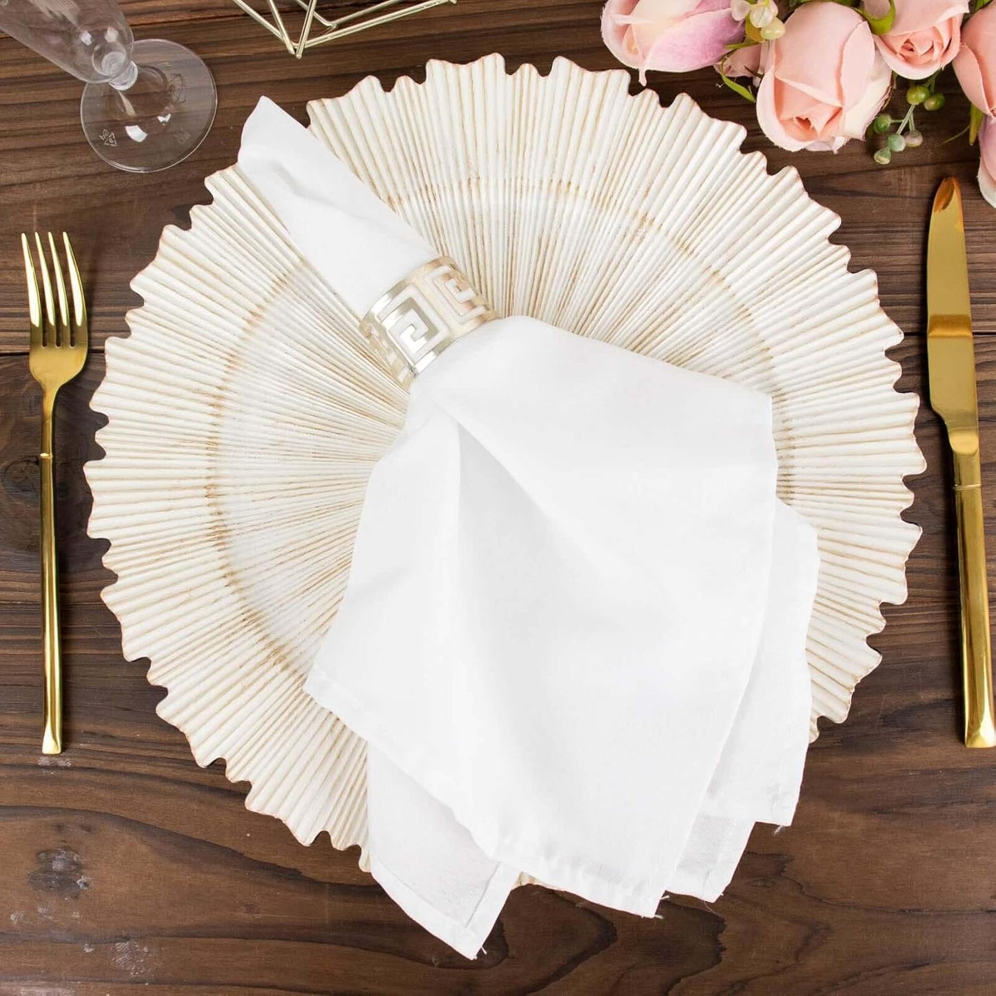 Efavormart 6 Pack | 13" Metallic Antique White Sunray Acrylic Plastic Serving Plates, Round Scalloped Rim Disposable Charger Plates