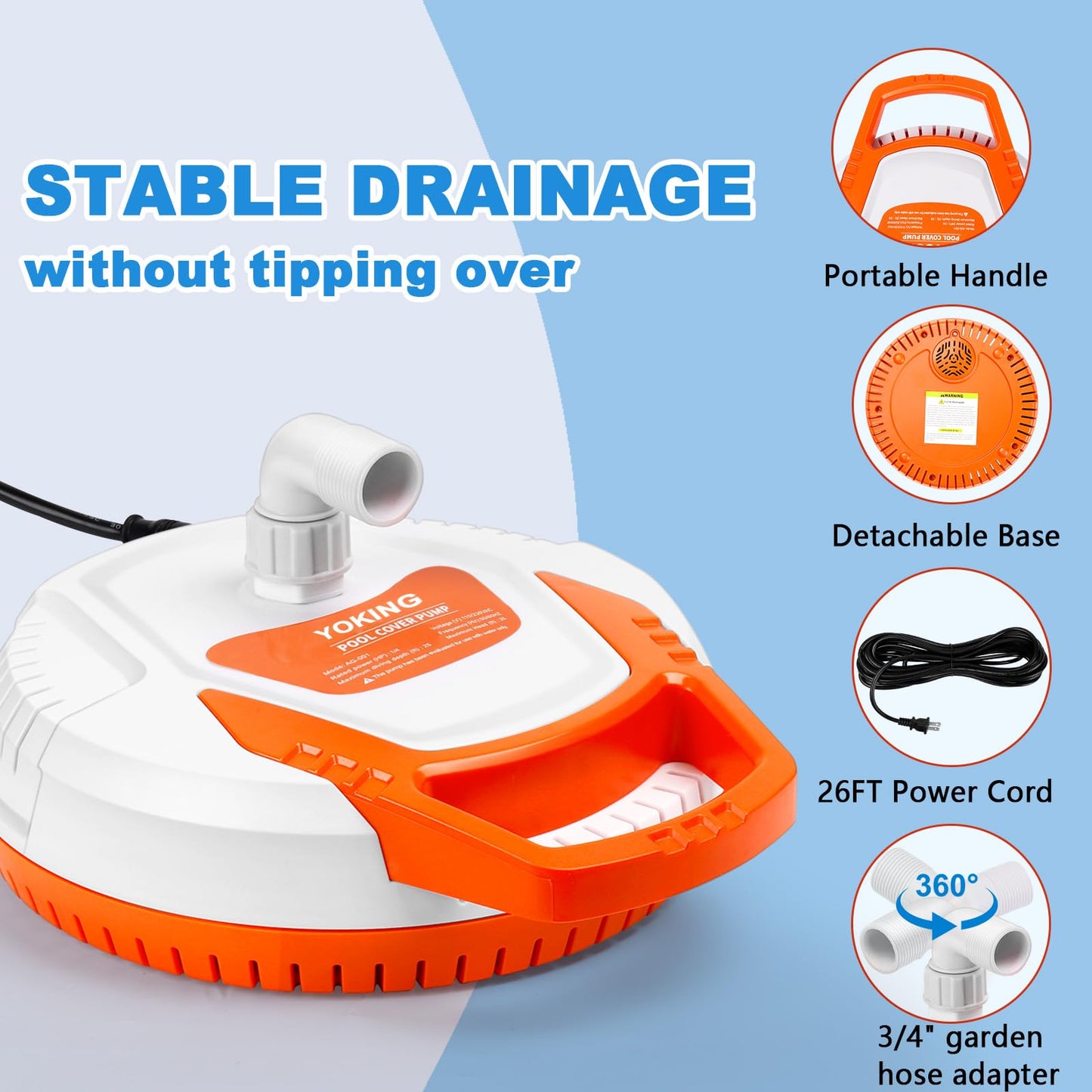 YOKING Automatic Pool Cover Pump, 1/4 HP 1500GPH Swimming Pool Submersible Water Sump Pump, 115/230V with 26ft Power Cord and 2 Adapters Water Removal for Pool, Hot Tub, Pond