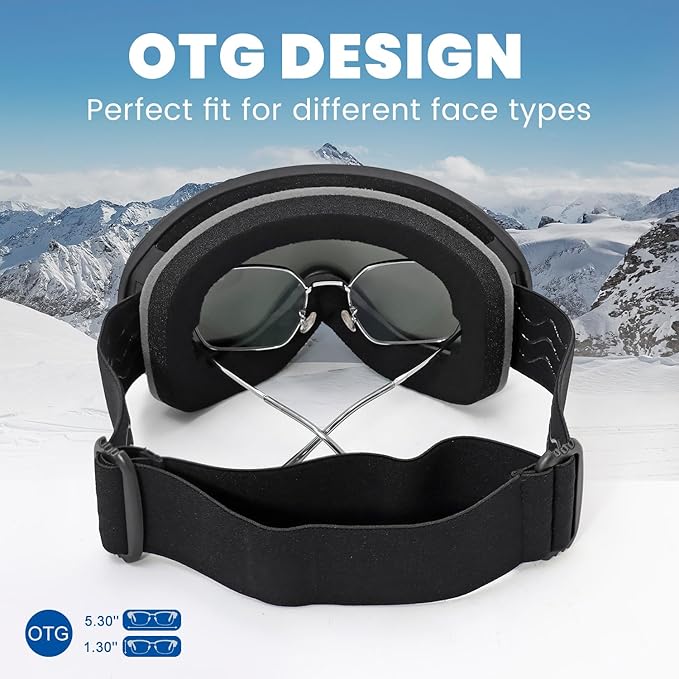 Ski Goggles OTG for Men Women, Anti-Fog Snowboard Goggles UV400 Protection Snow Goggles for Adult Youth
