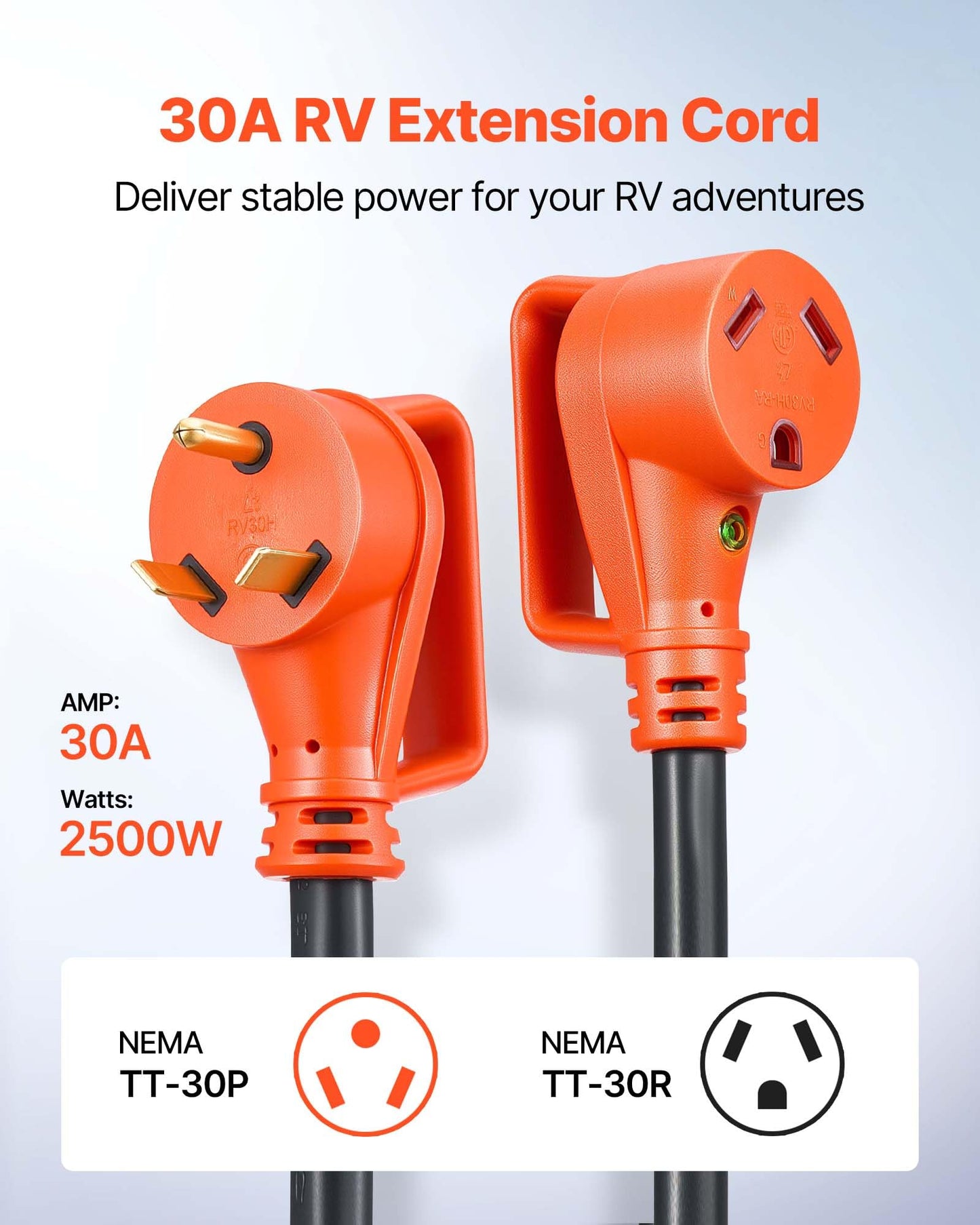 Vevor 100 Ft Rv Extension Cord, 30 Amp, 125V 2500W Heavy Duty Stw 10/3 Gauge Wire, Nema Tt-30P Male Nema Tt-30R Female Plug, Wit
