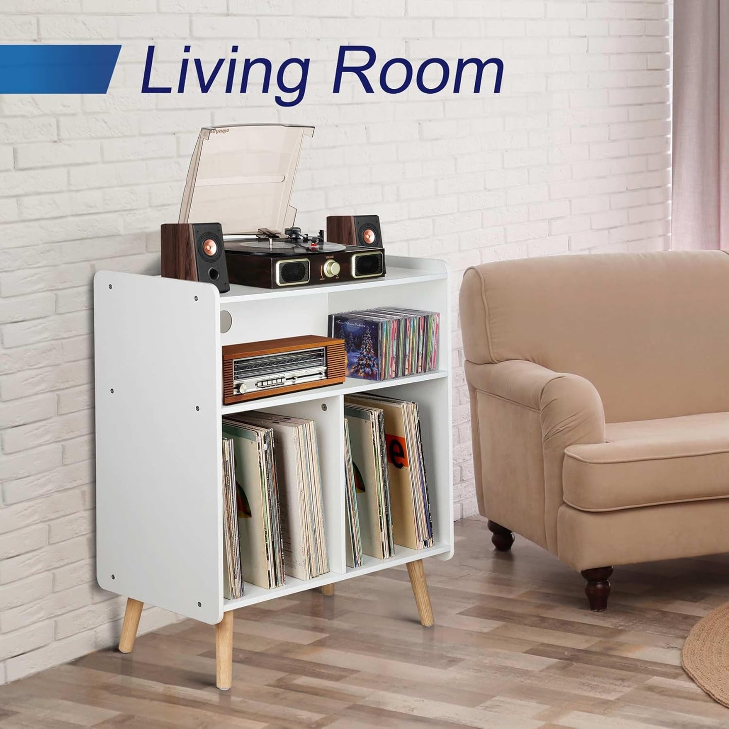 Mid-Century Wood Record Player Stand, Large Vintage Turntable Stand for Living Room, Office, 3-Tier Vinyl Record Storage Cabinet Table Holds up to 100 Albums, White