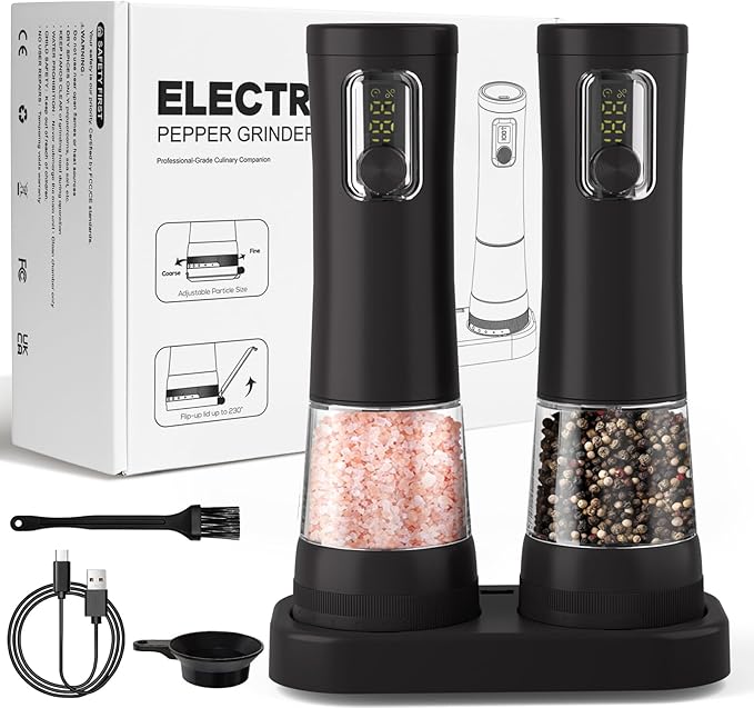 Electric Salt and Pepper Grinder Set-2 Pack Rechargeable Automatic Pepper Mill with Base,5-Level Adjustable Coarseness, Display, LED Lighting, Large Capacity-Ideal for Kitchen, BBQ Gifts (2, Black)