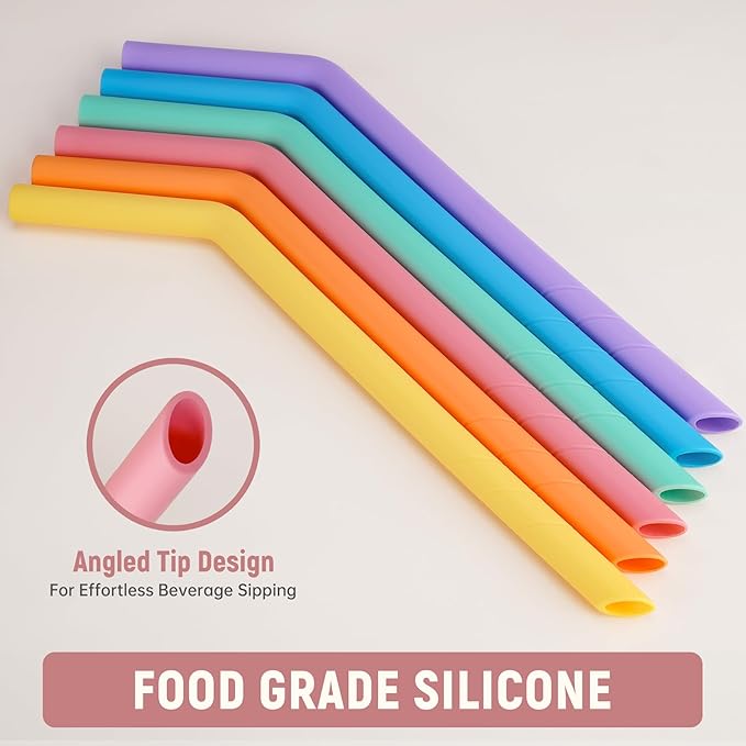 NiHome 6-Pack Extra Wide Reusable Bent Silicone Straws for Boba, Smoothies, Bubble Tea, Bent Straws Eco-Friendly & Colorful for Thick Drinks, Child-Safe, Customizable Length, 2 Brushes Easy Cleaning