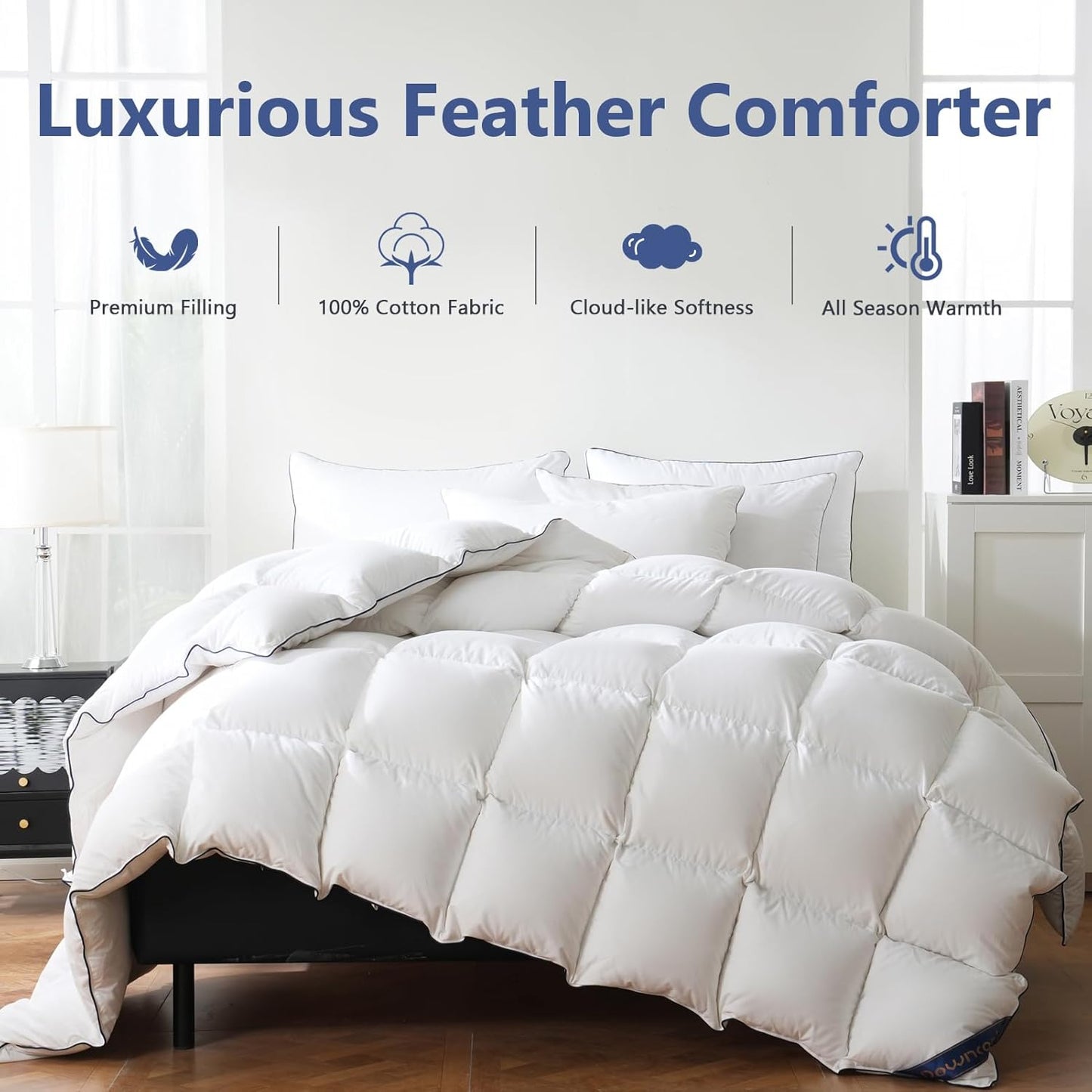 DOWNCOOL Feather Comforter California King, White Fluffy Duvet Insert with Ultra Soft 100% Cotton Cover, All Season Luxurious Hotel Bed Comforter with Corner Tabs, California King 104"x96"
